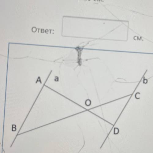 Решите задачу. а | b. Отрезок AD делится точкой Ов соотношении 2:1. Найдите длину отрезка CD, если о