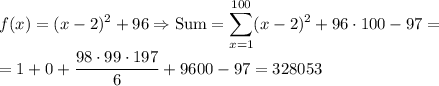 \displaystyle f(x)= (x-2)^2+96 \Rightarrow \text{Sum} = \sum\limits_{x=1}^{100}(x-2)^2 + 96\cdot 100 - 97 = \\ = 1+0+\dfrac{98\cdot 99\cdot 197}{6} + 9600 -97 = 328053