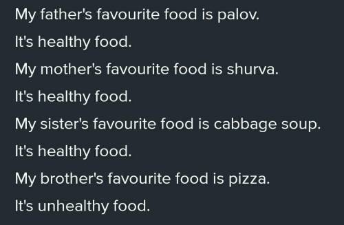 Write four sentences about your relative food. Is it healthy unhealthy food? Qarindoshlaringizning s