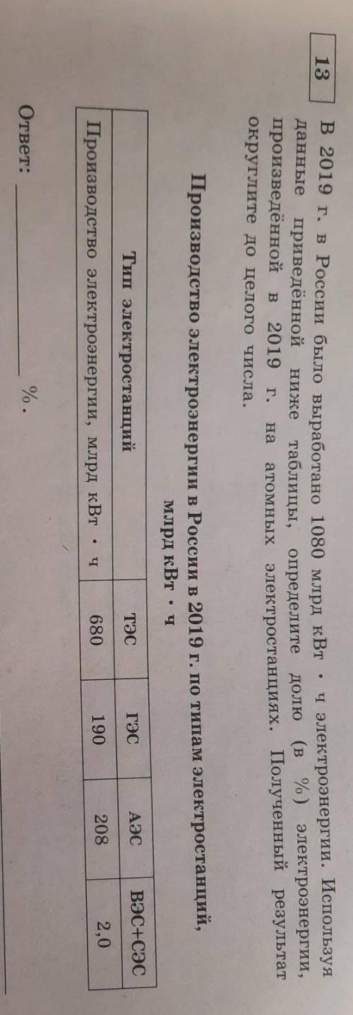 13 в 2019 г. в России было выработано 1080 млрд кВт. ч электроэнергии. Используя данные приведённой