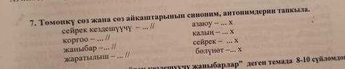 Төмөнкү сөз жана сөз айкаштарын синоним, антонимдердин тапкыла.