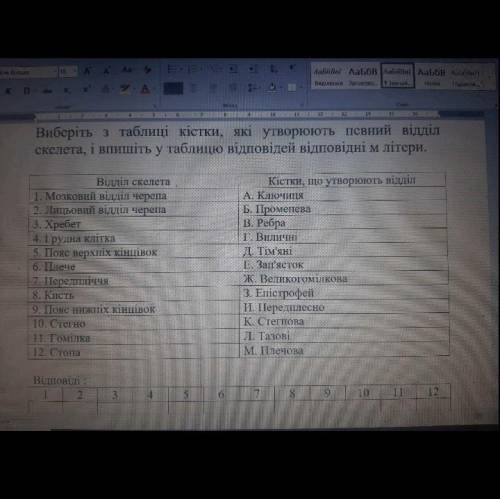 Виберіть з таблиці кістки, які утворюють певний вiддiл скелета, і впишіть у таблицю вiдповiдей вiдпо
