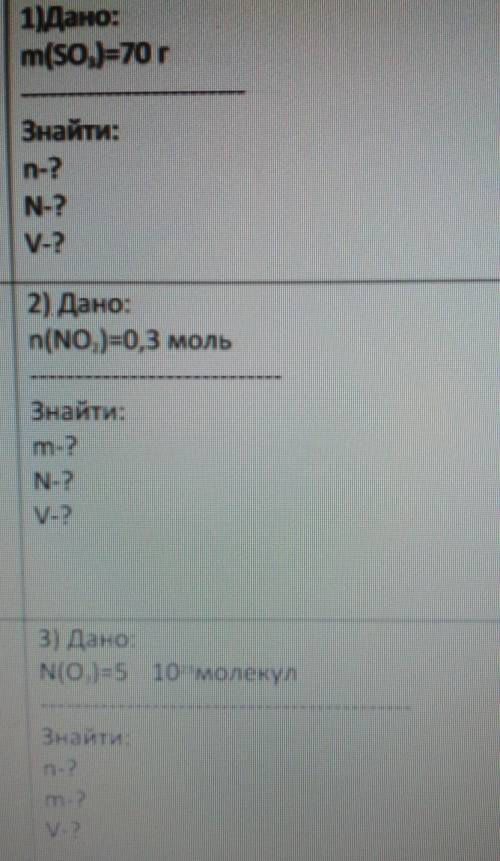 ВРЕМЕНИ МАЛО 1) m(SO3)=70 г 2) n(NO2)=0,3 моль3) N(O3)=5×10²³ молекул