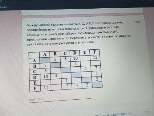 Между населёнными пунктами A, B, C, D, E, F построены дороги, протяжённость которых (в километрах) п