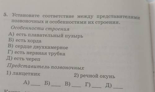 5. Установите соответствие между представителями позвоночных и особенностями их строения. Особенност