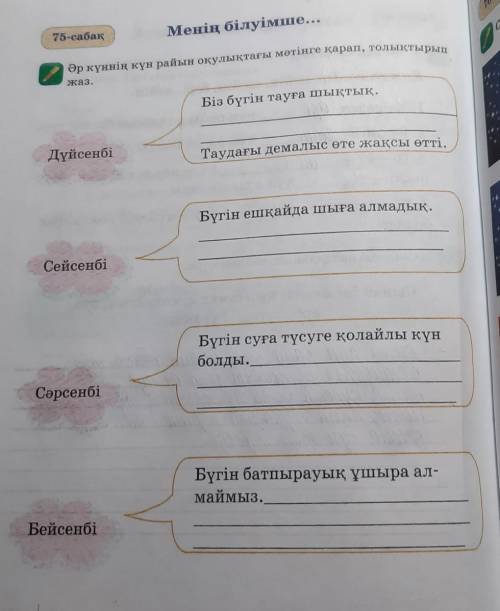 Менің білуімше... 75-сабақ с Әр күннің күн райын оқулықтағы мәтінге қарап, толықтырып =a3. Біз бүгін