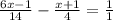 \frac{6x - 1}{14} - \frac{x + 1}{4} = \frac{1}{1}