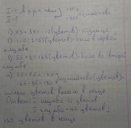 В первой клумбе было в 3 раза меньше цветов чем во второй Когда в первую клумбу посадили 75 цветов А
