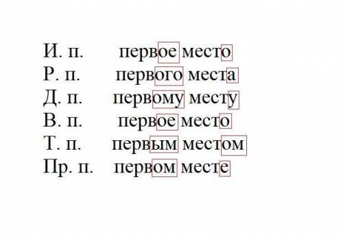 Просклоняйте словосочетание первое место. Обозначьте окончания. [ ]