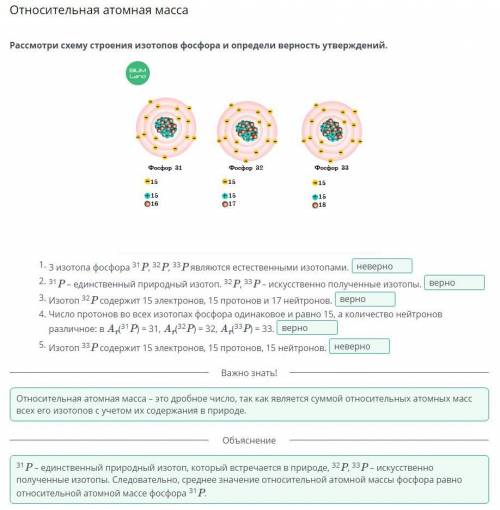 Относительная атомная масса Рассмотри схему строения изотопов фосфора и определи верность утверждени