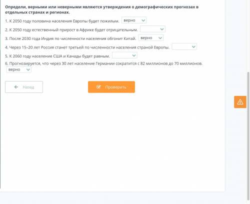 Определи, верными или неверными являются утверждения о демографических прогнозах в отдельных странах