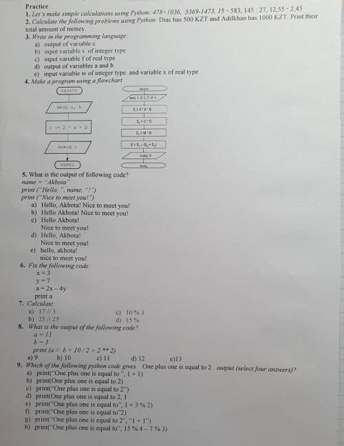 Practice 1. Let's make simple calculations using Python: 478+1036, 5369-1473, 15. 583, 145:27, 12,55