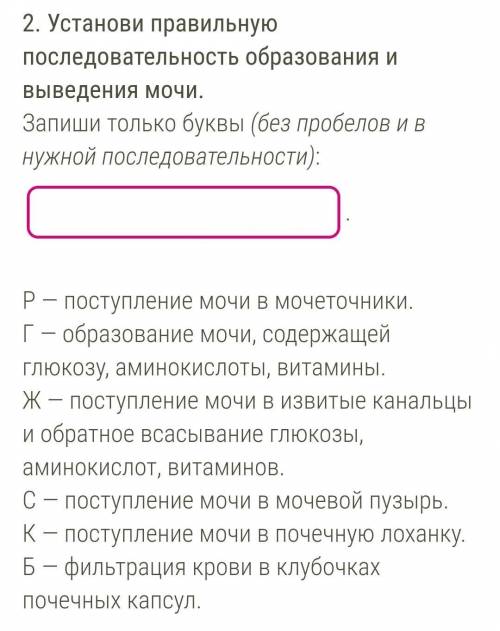 Установи правильную последовательность образования и выведения мочи