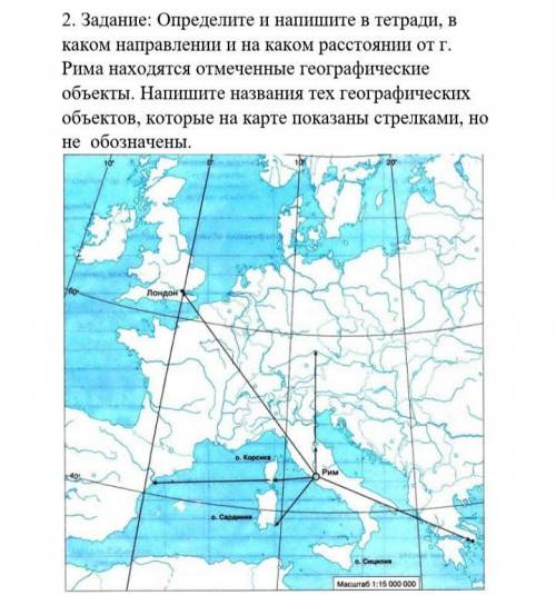 2Задание: Определите и напишите в тетради, в каком направлении и на каком расстоянии от г. Рима нахо