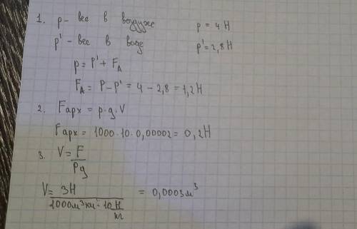 и лучший ответ 1.Тело в воздухе весит 4Н, а в воде 2,8Н.Чему равна выталкивающая сила? 2.Вычислите с