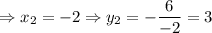 \Rightarrow x_2=-2\Rightarrow y_2=-\dfrac{6}{-2} =3