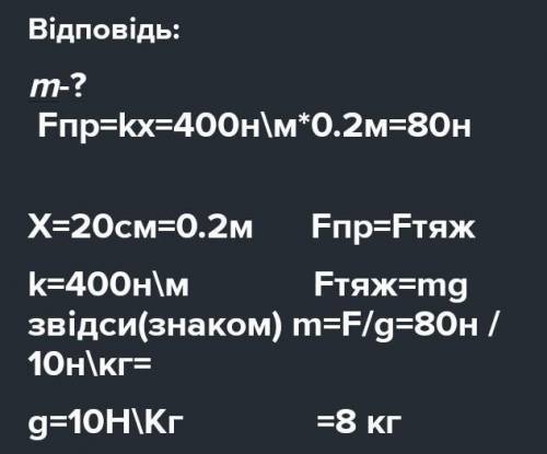 Важок підвісили до пружини, довжина якої при цьому збільшилась на 20 см. Знайдіть масу важка, якщо к