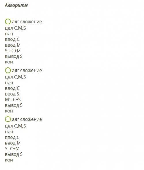Составить алгоритм сложения двух целых чисел C и M, вводимых с клавиатуры. Результат сложения записа