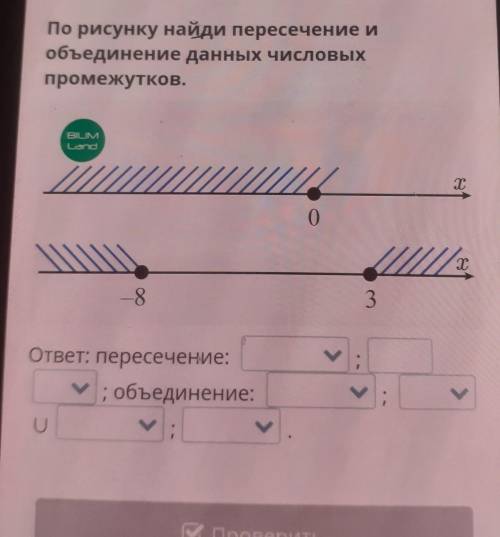 По рисунку найди пересечение и объединение данных числовых промежутков. BILIM Land т 0 х -8 3 ответ: