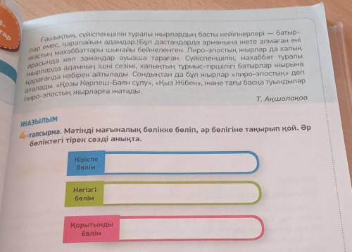 ЖАЗЫЛЫМ 4-тапсырма. Мәтінді мағыналық бөлікке бөліп, әр бөлігіне тақырып қой. Әр бөліктегі тірек сөз