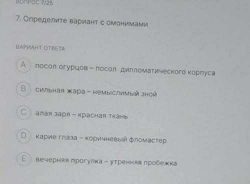 ВОПРОС 7/25 7. Определите вариант с омонимамиВАРИАНТ ОТВЕТАAПосол огурцов – Посол дипломатического к