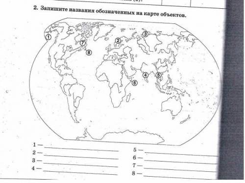 Запишите названия обозначенных на карте объектов