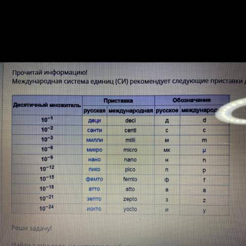 Прочитай информацию! Международная система единиц (СИ) рекомендует следующие приставки для обозначен