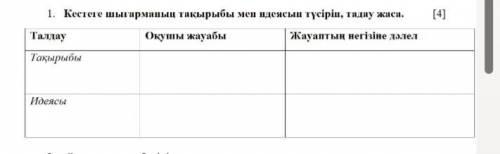 1. Кестеге шығарманың тақырыбы мен идеясын түсіріп, тадау жаса. [4]