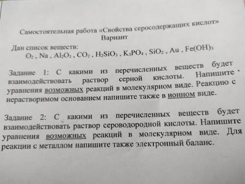 Самостоятельная работа Свойства серосодержащих кислот