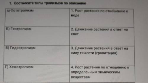 1. Соотнесите типы тропизмов по описанию А) Фототропизм 1. Рост растения по отношению к воде Б) Геот