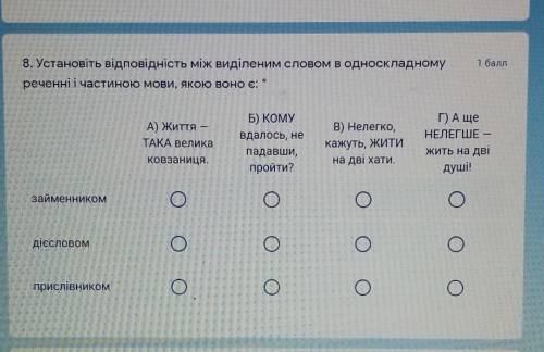 8. Установіть відповідність між виділеним словом в односкладному реченні і частиною мови, якою воно 