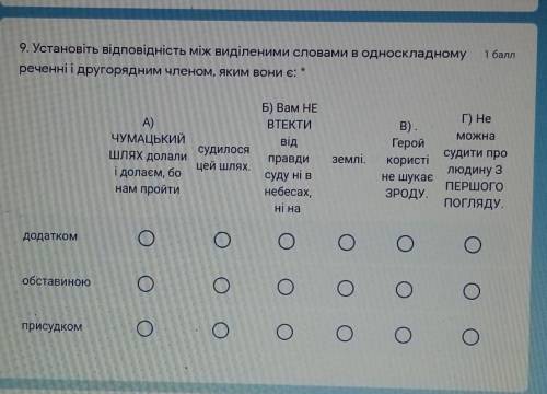 9. Установіть відповідність між виділеними словами в односкладному реченні і другорядним членом, яки