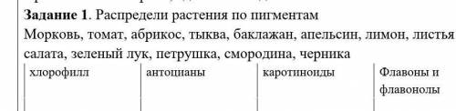 Распредели растения по пигментам Морковь, томат, абрикос, тыква, баклажан, апельсин, лимон, листья с