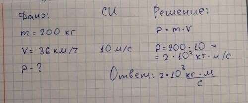 Тело массой 200 кг движется с постоянной скоростью 36 км/ч. Определите импульс тела (с дано и решени