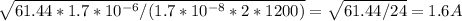 \sqrt{61.44*1.7*10^{-6}/(1.7*10^{-8}*2*1200)}=\sqrt{61.44/24} =1.6A