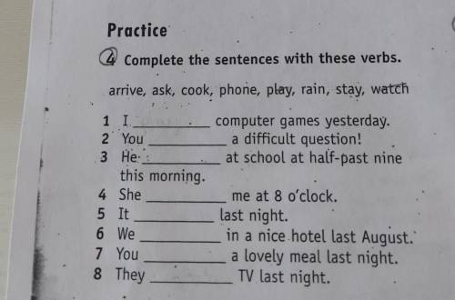 Practice @ Complete the sentences with these verbs. arrive, ask, cook, phone, play, rain, stay, watc