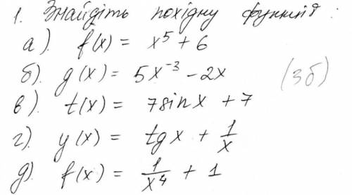 Знайти похідну функції a) f(x)=x⁵+6 b) y(x)=5x-³-2xв) f(x)=7sinx+7г) y(x)=tgx+1/xд) f(x)=1/x⁴+1