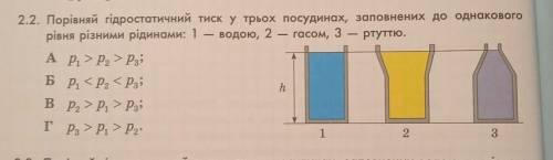 2.2. Порівняй гідростатичний тиск у трьох посудинах, заповнених до однакового рівня різними рідинами