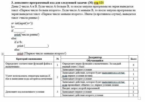 3. дополните программный код для следующей задачи: (3б) стр 121 Даны 2 числа А и В. Если число А бол