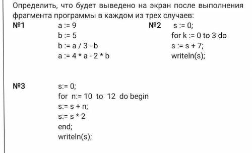 Определить, что будет выведено на экран после выполнения фрагмента программы в каждом из трех случае