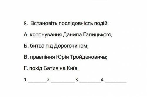 Встановіть послідовність подій: А. коронування Данила Галицького; Б. битва під Дорогочином; В. правл