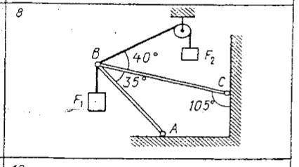 Определить реакции стержней, удерживающих грузы F1 и F2. (F1=0,3; F2=0,8)