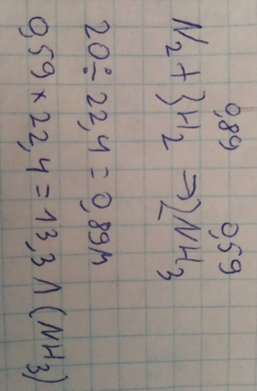 Какой объём газа образуется при взаимодействии 20л. водорода с Азотом N2+H2=NH3