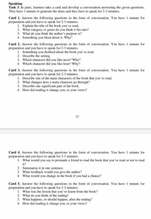 Task 3. In pairs, learners take a cand and develop a conversation answering the given questions, The