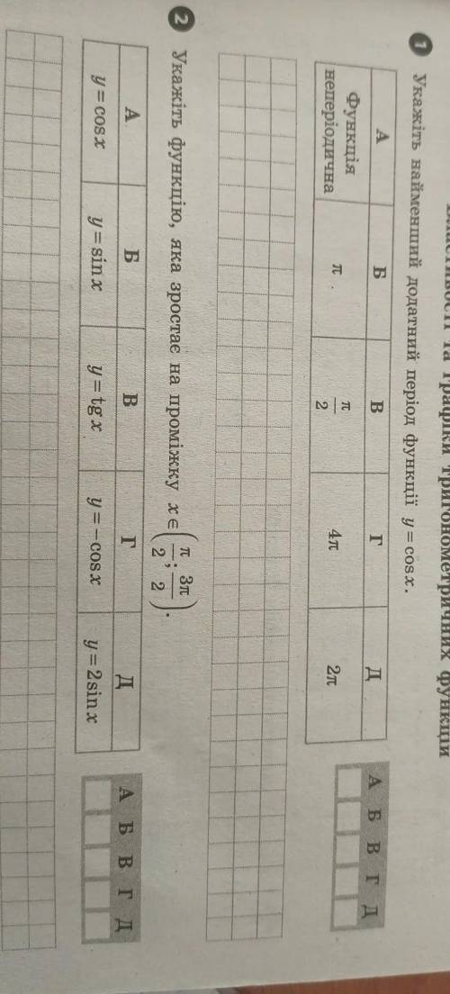 Укажіть функцію, яка зростає на проміжку хє 2 A А Б В T д y=2 sin x y = cosx y=sin x y=tg x у = - co