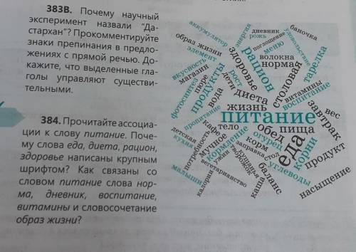 384. Прочитайте ассоциа- ции к слову питание. Поче- му слова еда, диета, рацион, здоровье написаны к