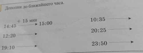 3. Дополни до ближайшего часа. + 15 мин 14:45 15:00 10:35 20:25 12:20 19:10 23:50