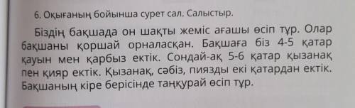 6. Оқығаның бойынша сурет сал. Салыстыр. Біздің бақшада он шақты жеміс ағашы өсіп тұр. Олар бақшаны 