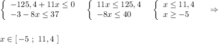 \left\{\begin{array}{l}-125,4+11x\leq 0\\-3-8x\leq 37\end{array}\right\ \ \left\{\begin{array}{l}11x\leq 125,4\\-8x\leq 40\end{array}\right \ \ \left\{\begin{array}{l}x\leq 11,4\\x\geq -5\end{array}\right \ \ \ \Rightarrow x\in [\, -5\ ;\ 11,4\ ]