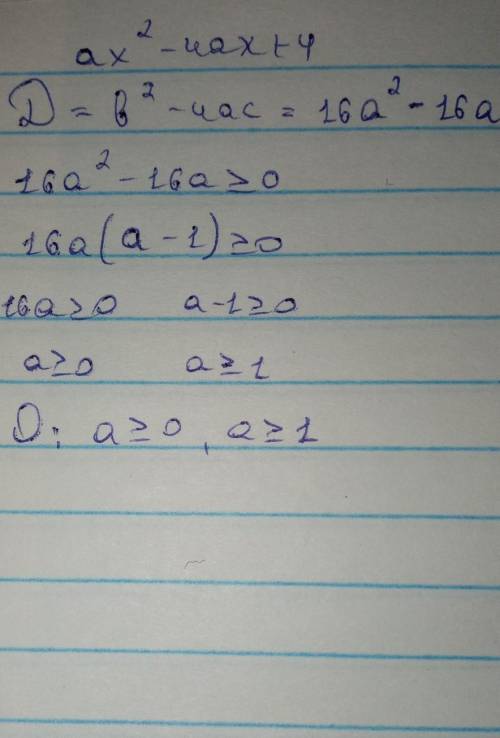 При каких значениях а трехчлен ах^2-4ax+4 принимает только положительные значения при любом х?